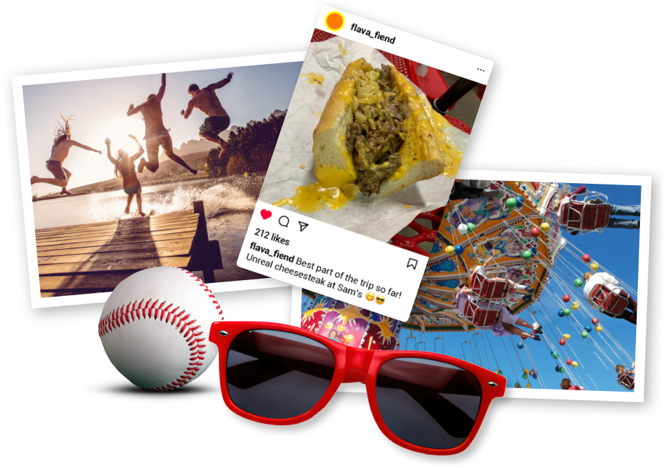 Collage: sunglasses, baseball, people jumping into water, carnival rides, a cheesesteak