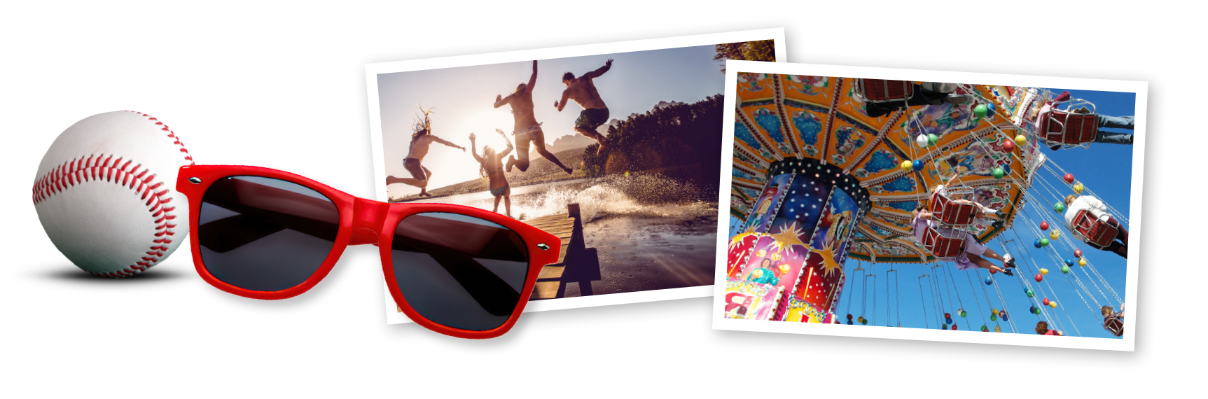 Image collage: sunglasses, baseball, people jumping into water, carnival rides, a cheesesteak